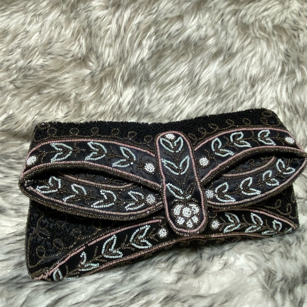 Michel Swiss Vintage Parisian Embroidered Black Beaded Evening Clutch